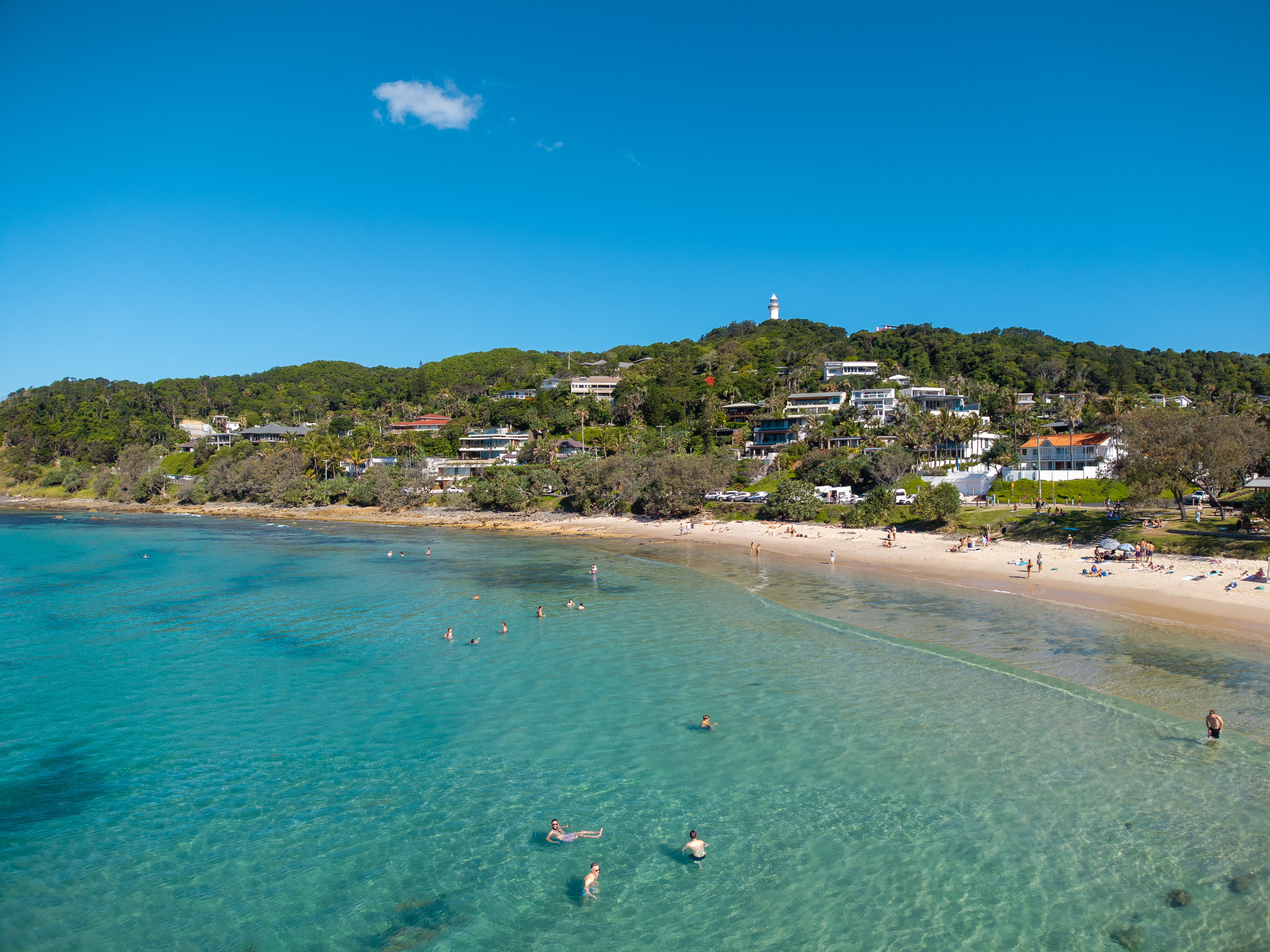 Aerial view showing property position relative to the coastline — drone photography Byron Bay