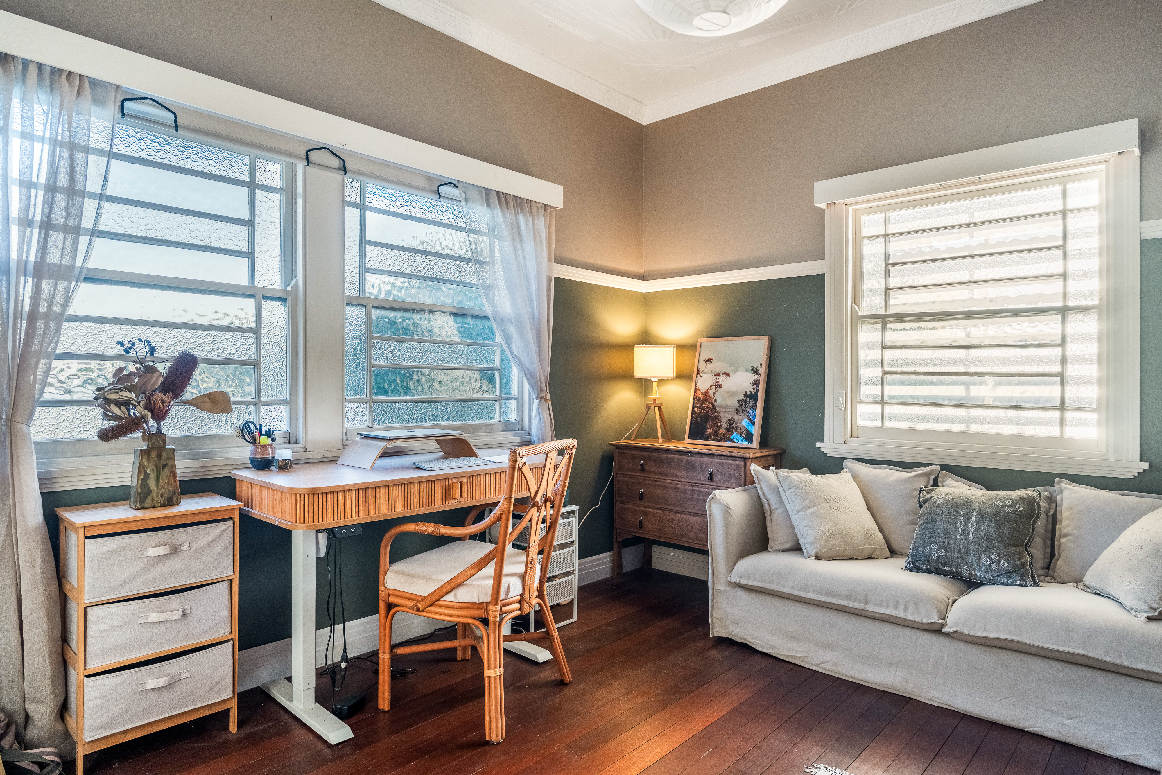 Home office study with dual-tone walls