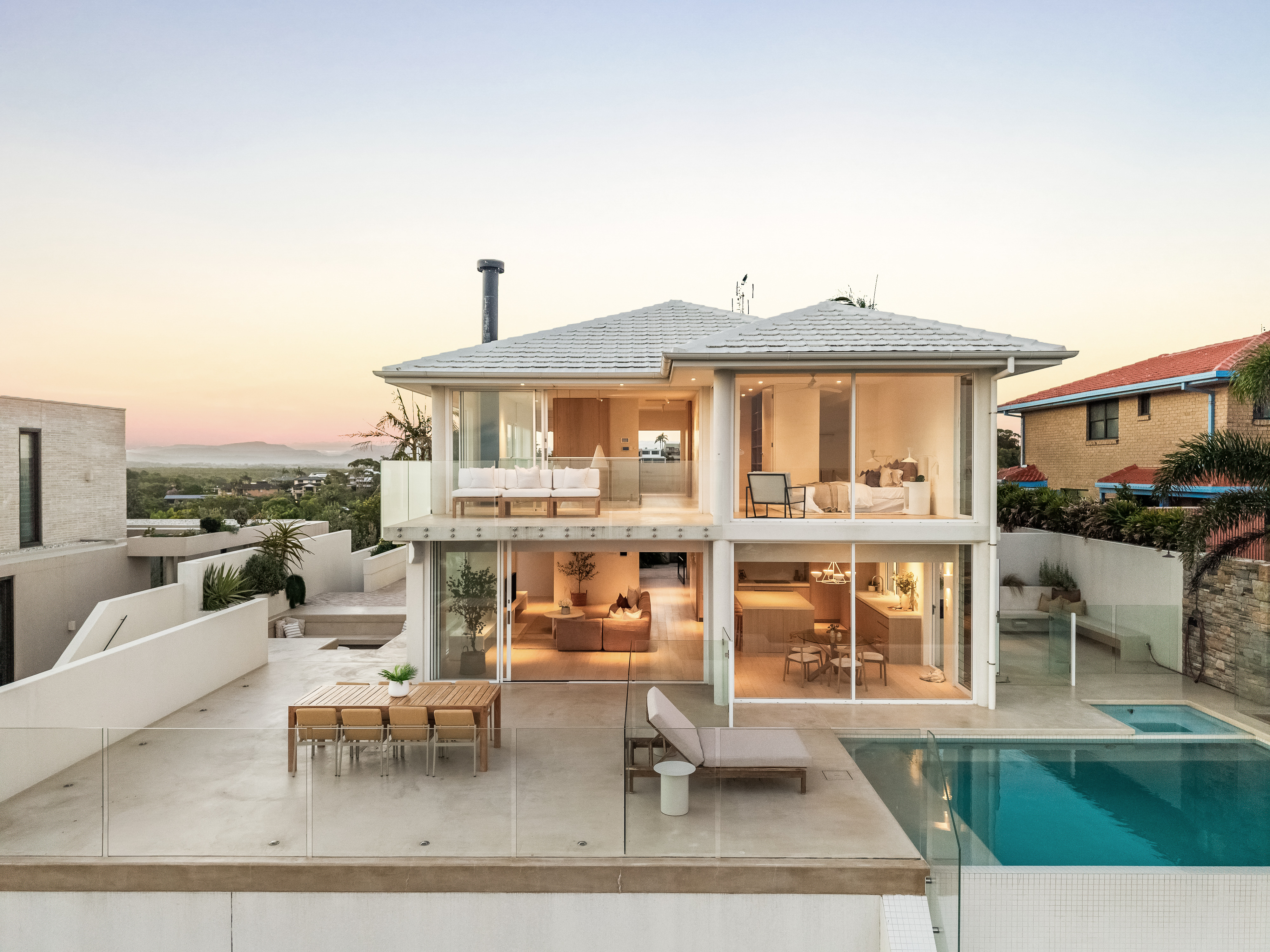 20 Pacific Vista Drive twilight drone photography — the hero shot by Media Drive, Byron Bay real estate photographer