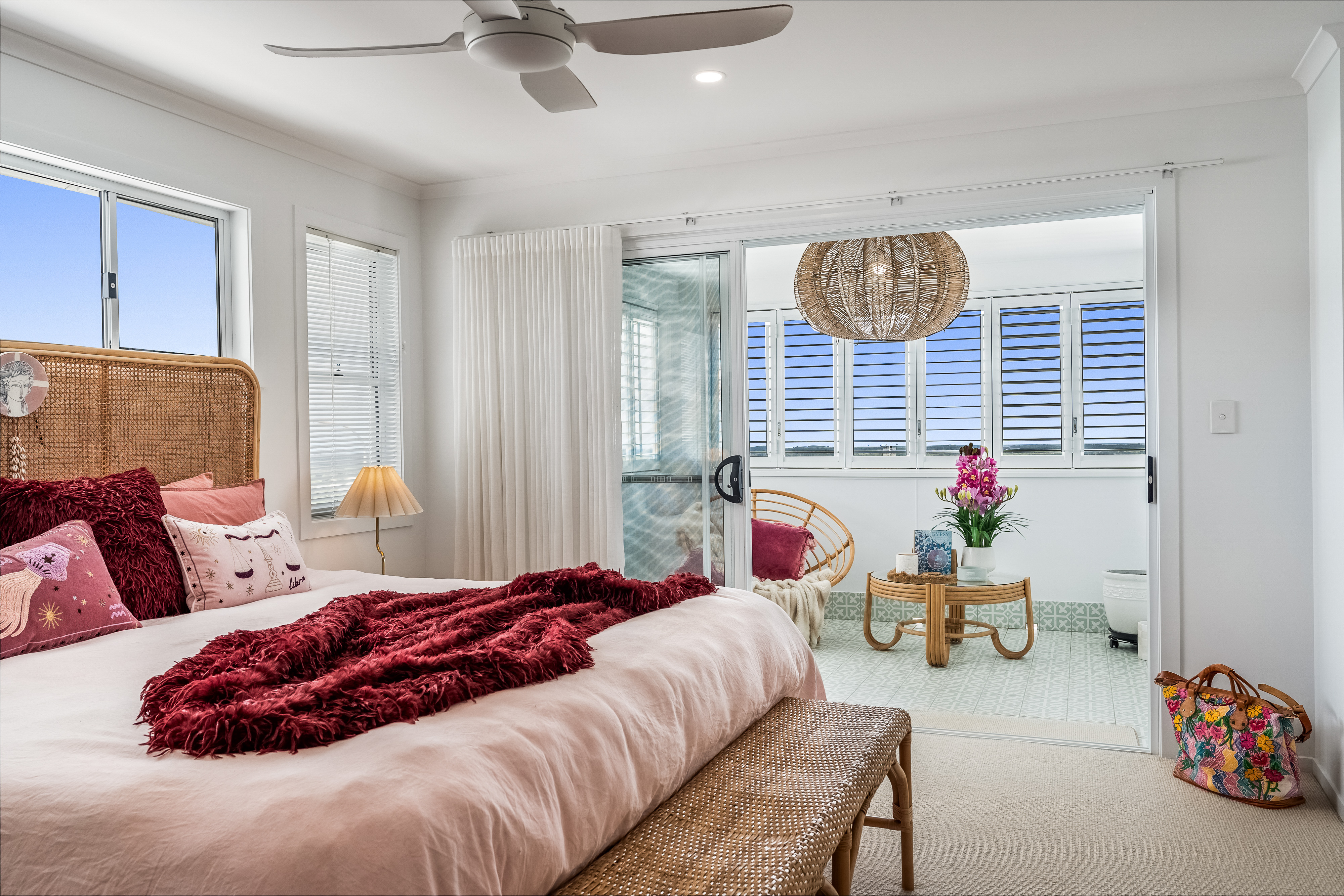 Master bedroom with private sunroom — interior real estate photography Ballina