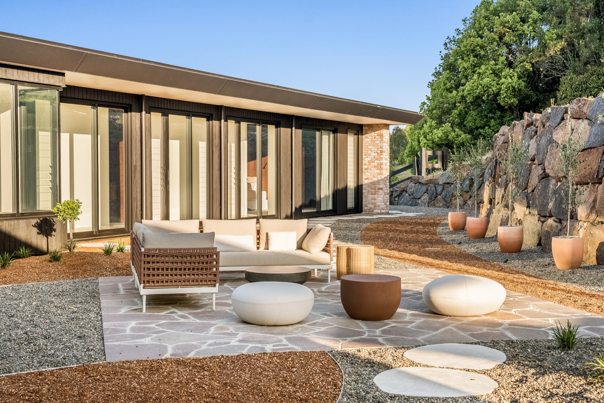 Courtyard detail with rear facade and established plantings