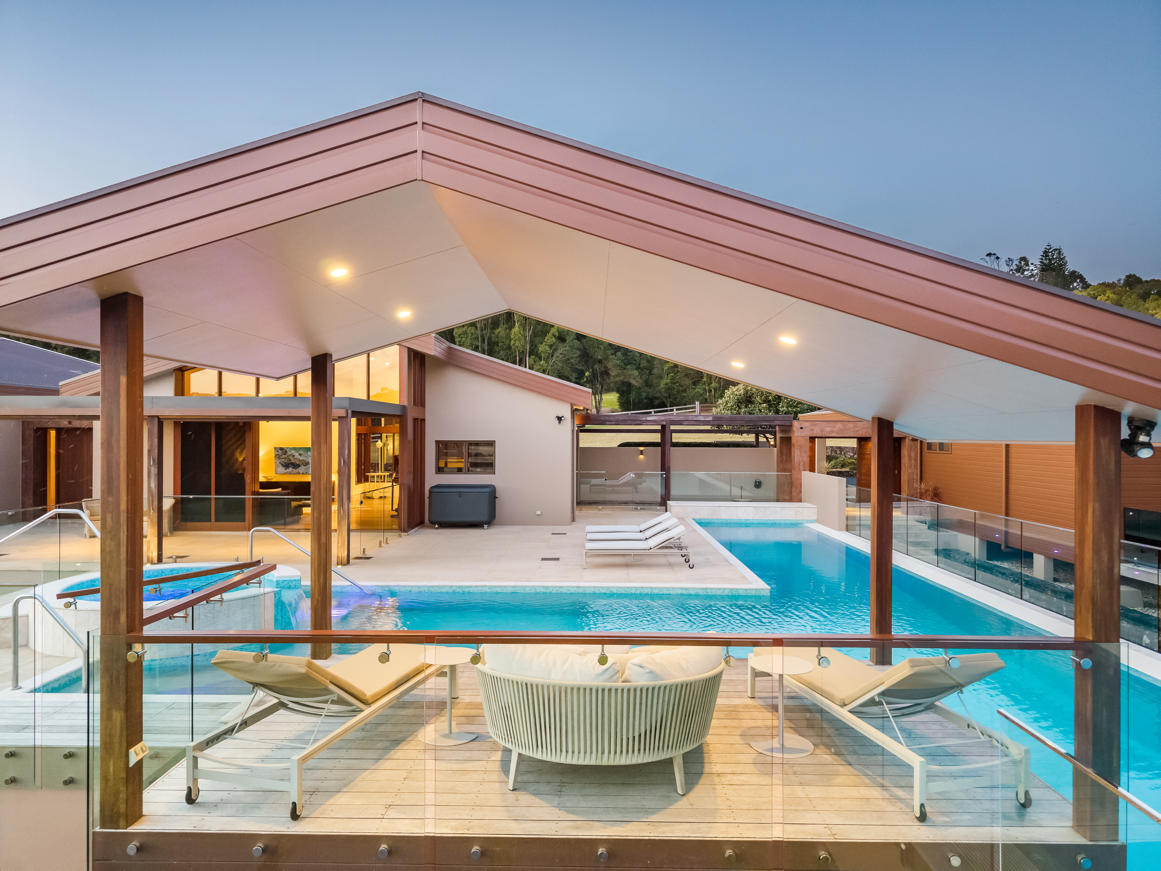 Twilight aerial of main residence and pool — twilight drone photography Northern Rivers