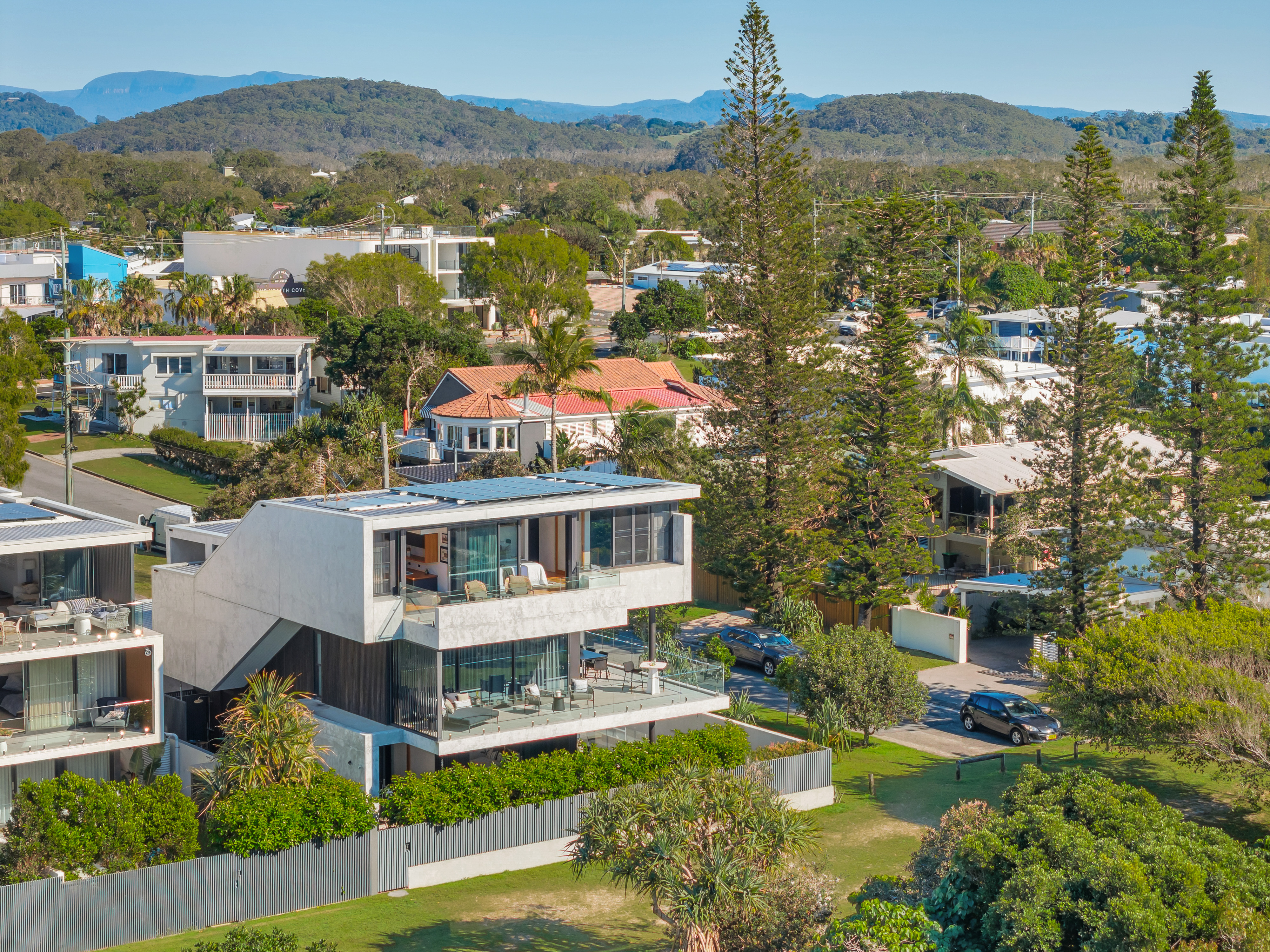 Drone aerial showing beachfront position — aerial real estate photography Hastings Point