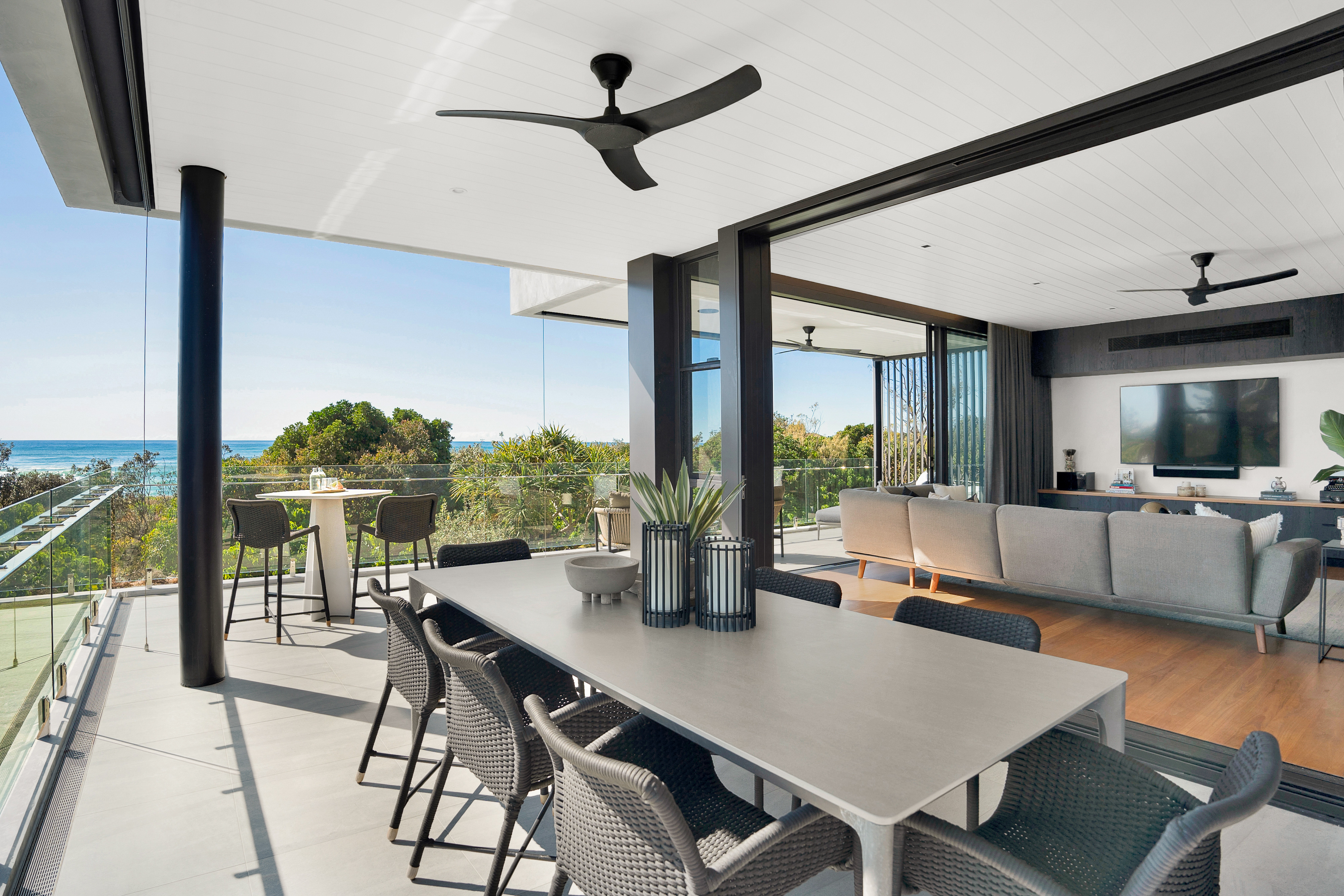 Outdoor entertaining terrace with ocean views — Airbnb photography Tweed Coast Kingscliff